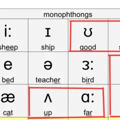 Tabela z samogłoskami i ich wymową po angielsku. Pokazuje symbole fonetyczne dla dźwięków, np. "i:" jak w "sheep".