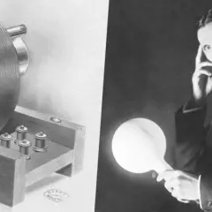 Nikola Tesla wynalazki: schemat cewki i genialny wynalazca z żarówką.