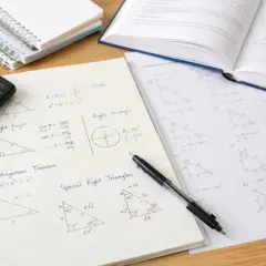 Przygotowania do **matematyki rozszerzonej 2026**: notatki o trójkątach prostokątnych, twierdzenie Pitagorasa, kalkulator i zeszyty.