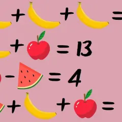 Zagadki matematyczne z bananami, jabłkami i arbuzem. Rozwiąż równania, by poznać wartość każdego owocu.