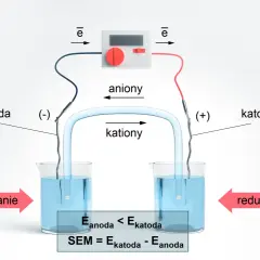 Schemat ogniwa galwanicznego. Pokazuje przepływ elektronów, anionów i kationów, a także reakcje utleniania i redukcji. Obliczenie siły elektromotorycznej ogniwa.