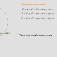 Trójkąt z kątami α=90.09°, β=53.08°, γ=36.83° i bokami a, b, c. Obok wzory twierdzenia cosinusów, ilustrujące twierdzenie sinusów i cosinusów zadania.