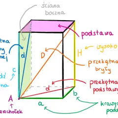 Schemat graniastosłupa z oznaczeniami: krawędzie podstawy (a, b), wysokość (H), przekątna podstawy (d'), przekątna ściany bocznej (d), przekątna bryły (D).