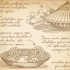 Szkice **wynalazków Leonarda da Vinci**: latający pojazd, machina oblężnicza i wóz bojowy.