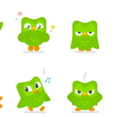 Zielona sowa Duo wyraża różne emocje: radość, smutek, złość. Czy na Duolingo można uczyć się dwóch języków? Tak, Duo pokazuje, że nauka to przygoda!