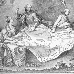 Trzej władcy dzielą mapę Polski, symbolizując pierwszy rozbiór Polski. Data wydarzenia to 1772.