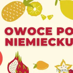 Kolorowe owoce: papaja, ananas, cytryna, truskawki, pomarańcza, smoczy owoc, mango, karambola. Napis "Owoce po niemiecku".