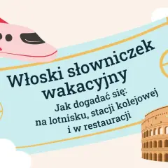 Włoski słowniczek wakacyjny: podstawowe zwroty po włosku na lotnisku, stacji kolejowej i w restauracji. Ilustracja z samolotem i Koloseum.