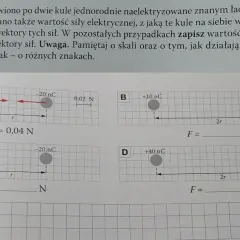 Rysunek przedstawia cztery pary naelektryzowanych metalowych kul, ilustrujące siły elektryczne między nimi.