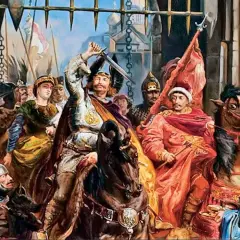 Król Bolesław Chrobry z mieczem wzniesionym do góry, w otoczeniu rycerzy i dam. Obraz przedstawia scenę historyczną, nawiązującą do przydomków królów polskich.
