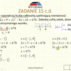 Rozwiązanie nierówności z wartością bezwzględną, gdzie pojawiają się wzory Viète'a.