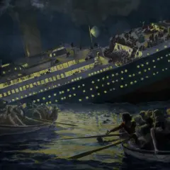 Ludzie w szalupach ratunkowych próbują ratować się z tonącego Titanica. Ta tragiczna titanic katastrofa na zawsze zapisała się w historii.