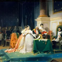 Napoleon w otoczeniu dworzan, obok niego siedzi jego pierwsza żona, Józefina, w białej sukni.