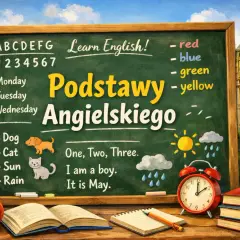 Tablica z napisem "Podstawy Angielskiego" i prostymi zwrotami, idealna do nauki.
