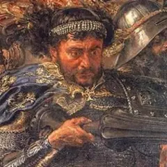Portret rycerza w zbroi i ozdobnym płaszczu, z hełmami w tle.