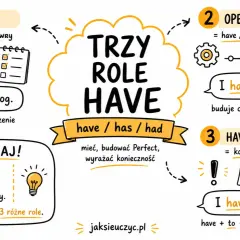 Grafika pokazuje trzy role czasownika "have": mieć (np. "I have a dog"), jako operator w czasach Perfect ("I have seen it") i w konstrukcji "have to" wyrażającej konieczność ("I have to go").