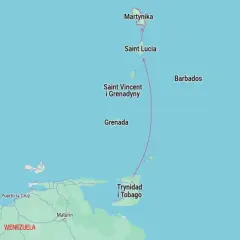 Mapa Karaibów z zaznaczoną trasą od Trynidadu i Tobago do Martyniki, gdzie mówi się językiem kreolskim.