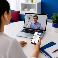 Kobieta uczestniczy w szybkim kursie angielskiego online. Na ekranie laptopa widzi nauczyciela, a na telefonie czat.