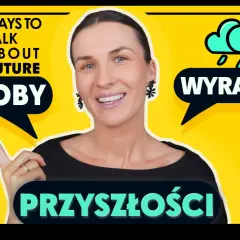 Kobieta omawia 3 sposoby wyrażania przyszłości w języku angielskim. Grafiki symbolizują czas, kalendarz i burzę.
