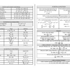 Tabele z wzorami matematycznymi: wzory skróconego mnożenia, geometria na płaszczyźnie i w przestrzeni, procenty, promile i liczby w systemie rzymskim. Zawierają podstawowe **wartości trygonometryczne**.