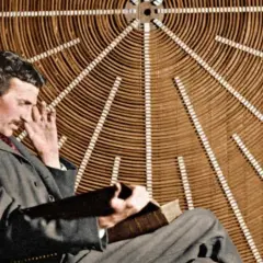 Nikola Tesla w okularach, zamyślony, siedzi przed aparaturą, która mogłaby być prototypem jego "promienia śmierci".