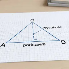 Ilustracja pokazuje, jak obliczyć boki w trójkącie równoramiennym, z zaznaczoną podstawą i wysokością.