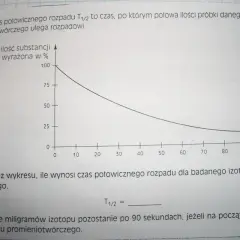 Wykres przedstawia rozpad promieniotwórczy, gdzie oś Y to ilość substancji w %, a oś X to czas w sekundach. Pokazuje on, jak maleje ilość izotopu w czasie, co pozwala określić czas połowicznego rozpadu wzór.