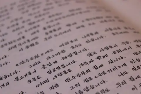 Tekst w języku koreańskim, pisany ręcznie, opowiada o niedzieli w parku i wizycie u przyjaciela.