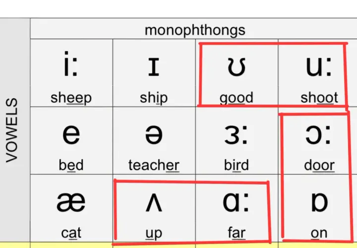 Tabela z samogłoskami i ich wymową po angielsku. Pokazuje symbole fonetyczne dla dźwięków, np. "i:" jak w "sheep".