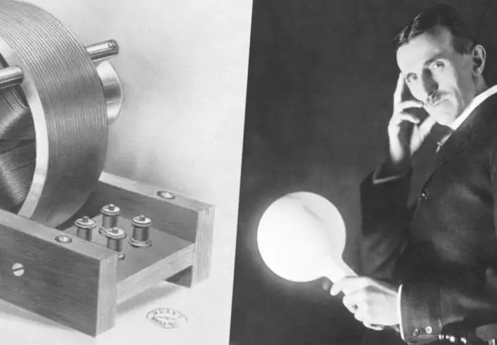 Nikola Tesla wynalazki: schemat cewki i genialny wynalazca z żarówką.