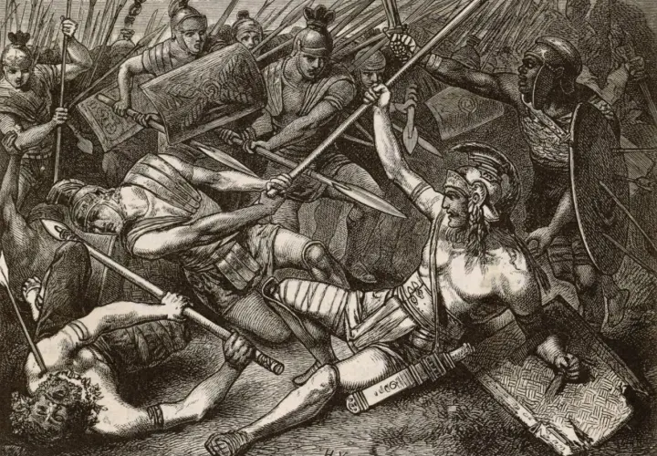 Zacięta walka gladiatorów. Spartakus i jego bohaterowie walczą o wolność, wznosząc broń przeciwko rzymskim legionistom.