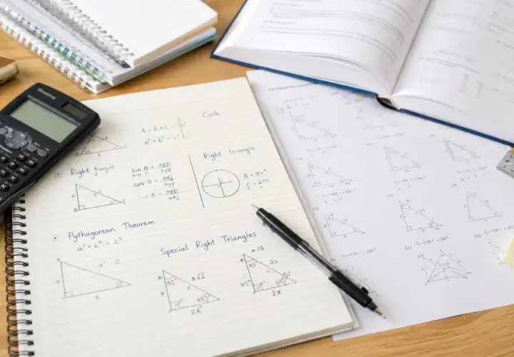 Przygotowania do **matematyki rozszerzonej 2026**: notatki o trójkątach prostokątnych, twierdzenie Pitagorasa, kalkulator i zeszyty.