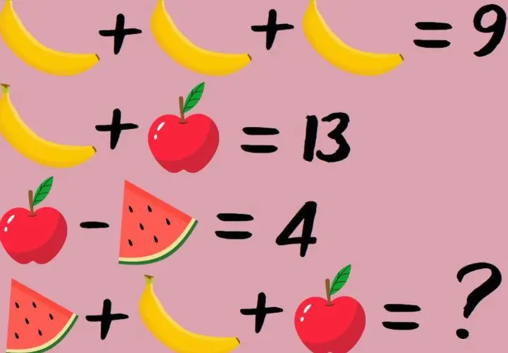 Zagadki matematyczne z bananami, jabłkami i arbuzem. Rozwiąż równania, by poznać wartość każdego owocu.