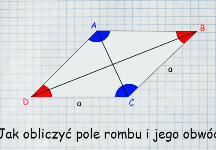 Romb ABCD z zaznaczonymi przekątnymi. Wzór na pole rombu zależy od długości przekątnych.