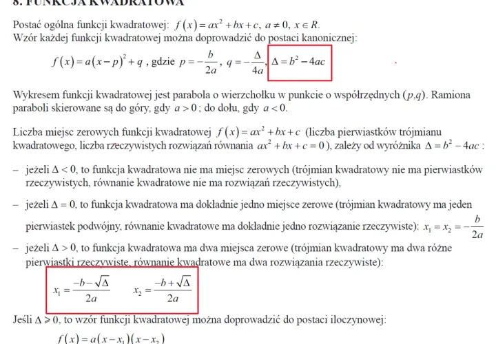 Wzór na pierwiastki równania kwadratowego x₁ i x₂ przy dodatnim wyróżniku Δ.