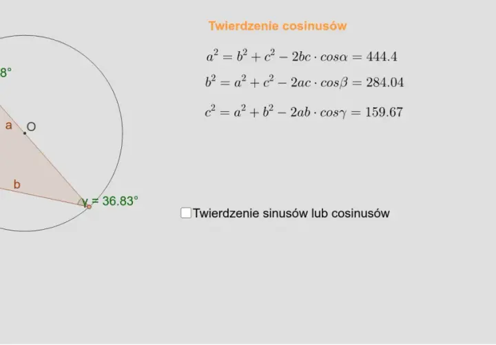 Trójkąt z kątami α=90.09°, β=53.08°, γ=36.83° i bokami a, b, c. Obok wzory twierdzenia cosinusów, ilustrujące twierdzenie sinusów i cosinusów zadania.
