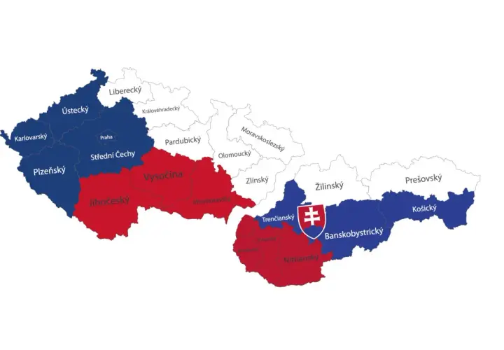 Mapa Czech i Słowacji, pokazująca podział na regiony, gdy rozpadła się Czechosłowacja. Kolory oznaczają podział.