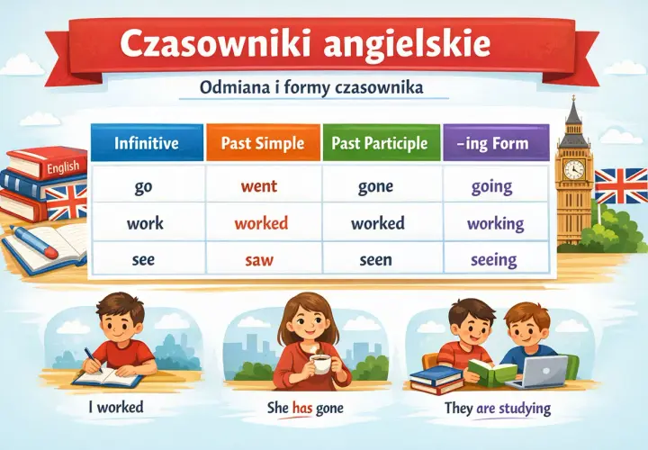 Tabela przedstawia odmianę czasowników ang. z przykładami: "I worked", "She has gone", "They are studying".