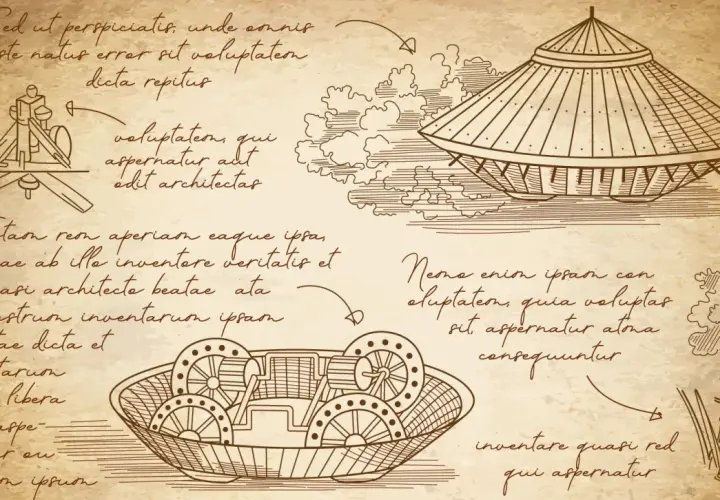 Szkice **wynalazków Leonarda da Vinci**: latający pojazd, machina oblężnicza i wóz bojowy.