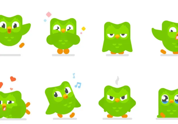 Zielona sowa Duo wyraża różne emocje: radość, smutek, złość. Czy na Duolingo można uczyć się dwóch języków? Tak, Duo pokazuje, że nauka to przygoda!
