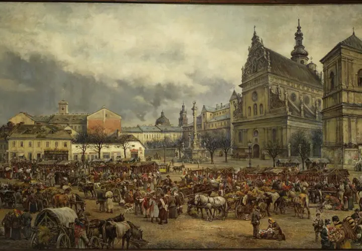 Targowisko w historycznym centrum miasta, gdzie widać ludzi, wozy i stragany. Czy to lwów polski czy ukraiński?