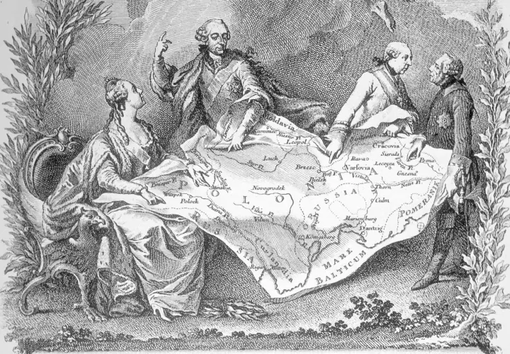 Trzej władcy dzielą mapę Polski, symbolizując pierwszy rozbiór Polski. Data wydarzenia to 1772.