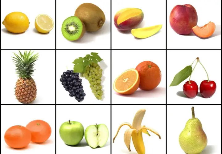 Kolorowe owoce po hiszpańsku: cytryny, kiwi, mango, nektarynka, ananas, winogrona, pomarańcze, wiśnie, grejpfruty, jabłka, banan, gruszka.