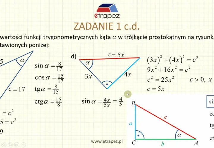Zadanie 1 c.d. pokazuje obliczenia sinus, cosinus, tangens i cotangens dla kąta α w trójkątach prostokątnych.