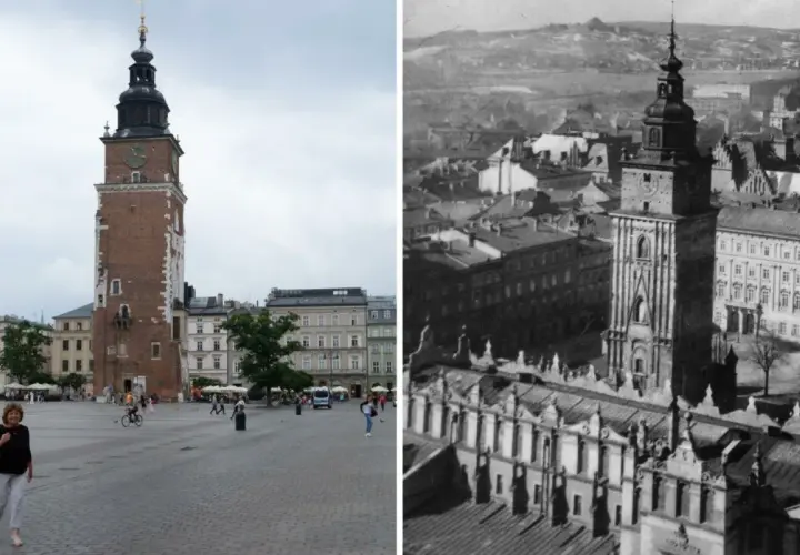 Wieża Ratuszowa na Rynku Głównym w Krakowie, porównanie współczesności i przeszłości. Ile lat ma Kraków? Tysiąc!