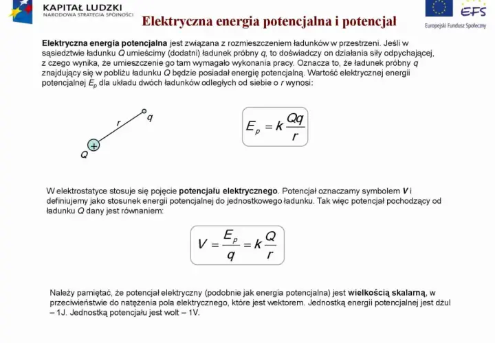 Wzory na energię potencjalną i potencjał elektryczny dla dwóch ładunków. Potencjał elektryczny jest wielkością skalarną.