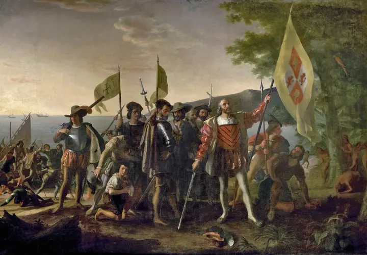 Kolumb i jego ludzie lądują na nowej ziemi, gdzie dopłynął Kolumb. W tle statki i tubylcy.