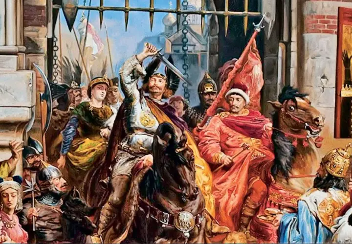 Król Bolesław Chrobry z mieczem wzniesionym do góry, w otoczeniu rycerzy i dam. Obraz przedstawia scenę historyczną, nawiązującą do przydomków królów polskich.