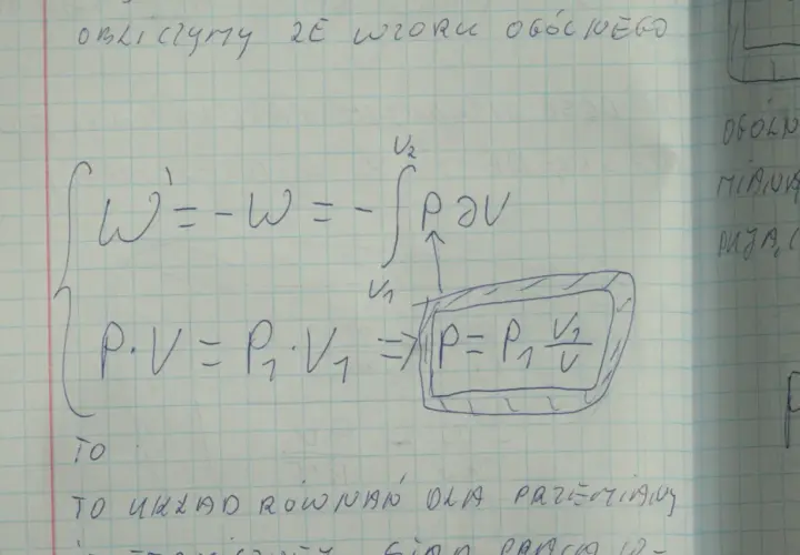 Obliczenia pracy przy przemianach gazu doskonałego: całka z P dV i wzór P=P₁V₁/V.