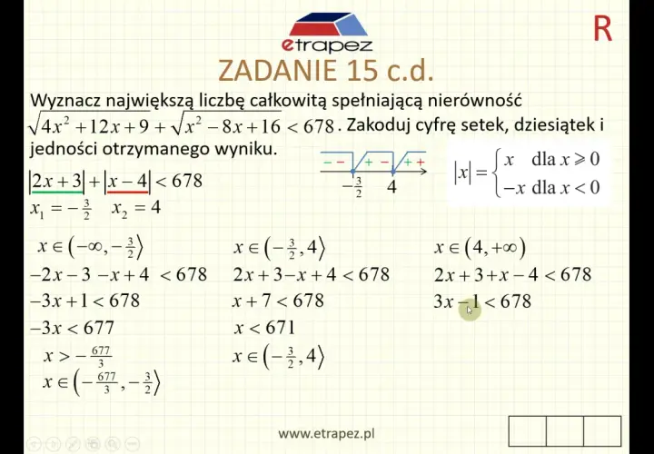 Rozwiązanie nierówności z wartością bezwzględną, gdzie pojawiają się wzory Viète'a.